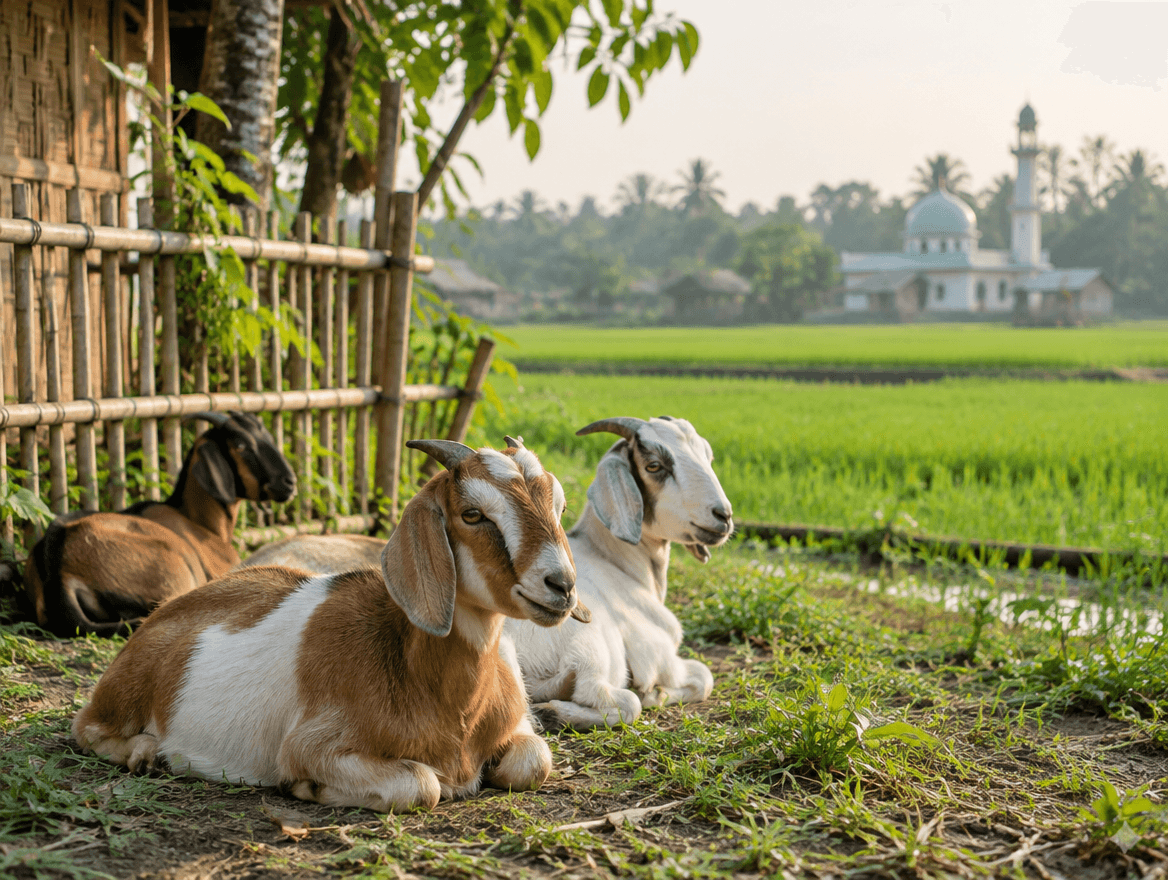 Goats resting beside a rice paddy in rural Bangladesh, with a village mosque in the distance