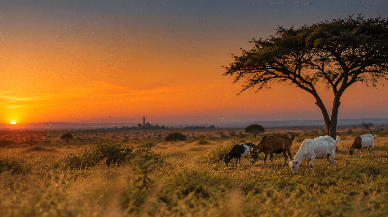 Goats grazing at sunset on the East African savanna, a mosque on the horizon